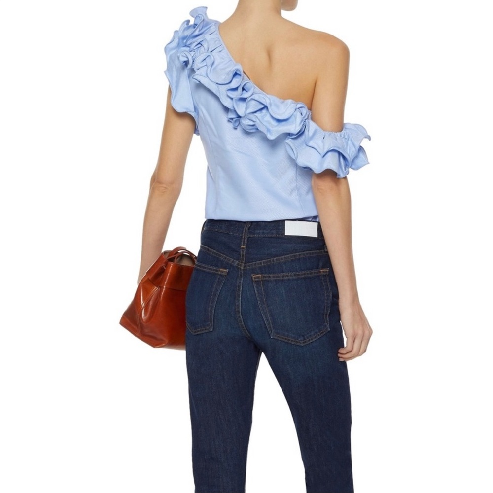 Petersyn Arabella Ruffled One Shoulder Light Blue & White Stripe Blouse Top - Picture 2 of 10